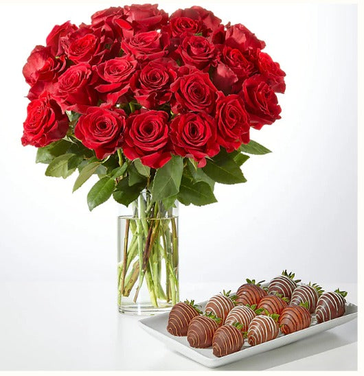24 Red Roses & Chocolate-Covered Strawberries